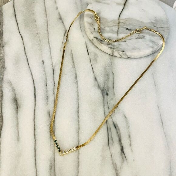 Vintage Chevron Station Necklace Green and Clear Crystal Gold Toned Metal - Picture 4 of 6